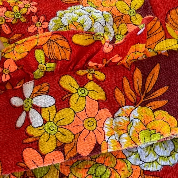 Vintage Hawaiian Barkcloth Floral Ruffle Robe Mod Dayglow Retro Neon Small READ - Picture 12 of 16